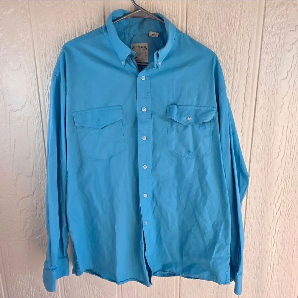 Men's Roper Turquoise Blue Long-Sleeve Button-Down Shirt, Size Large